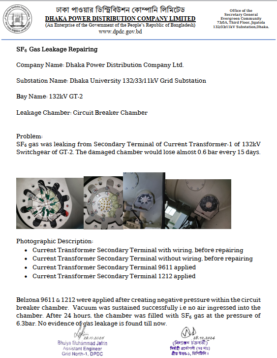 BELZONA job certificate for SF6 GAS leakage repair from dhaka power grid