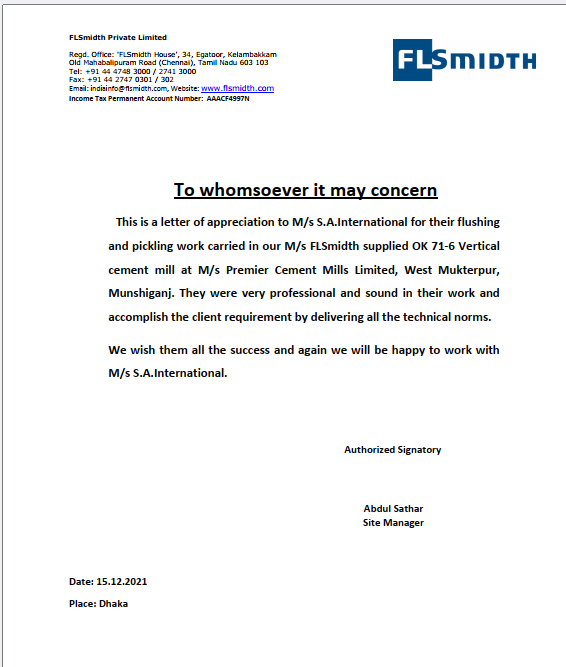 acknowledgement from Flsmidth